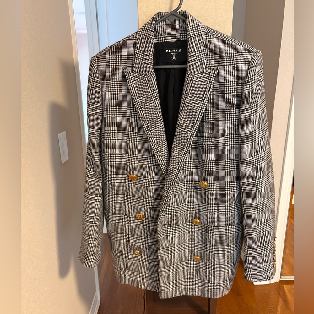 Balmain Women’s Checkered Blazer with Gold Buttons